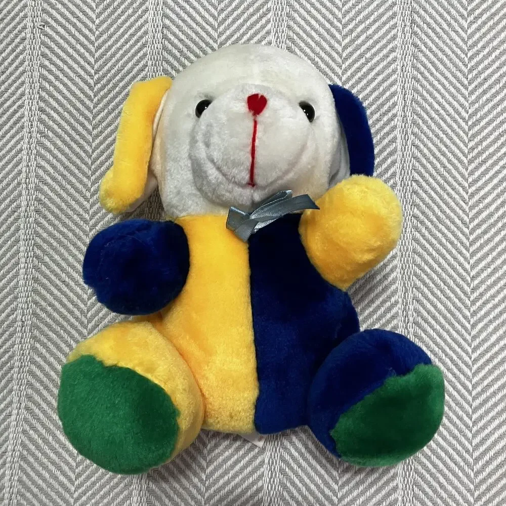 King Plush Vintage Dog Carnival Prize Blue Yellow Color Block Puppy